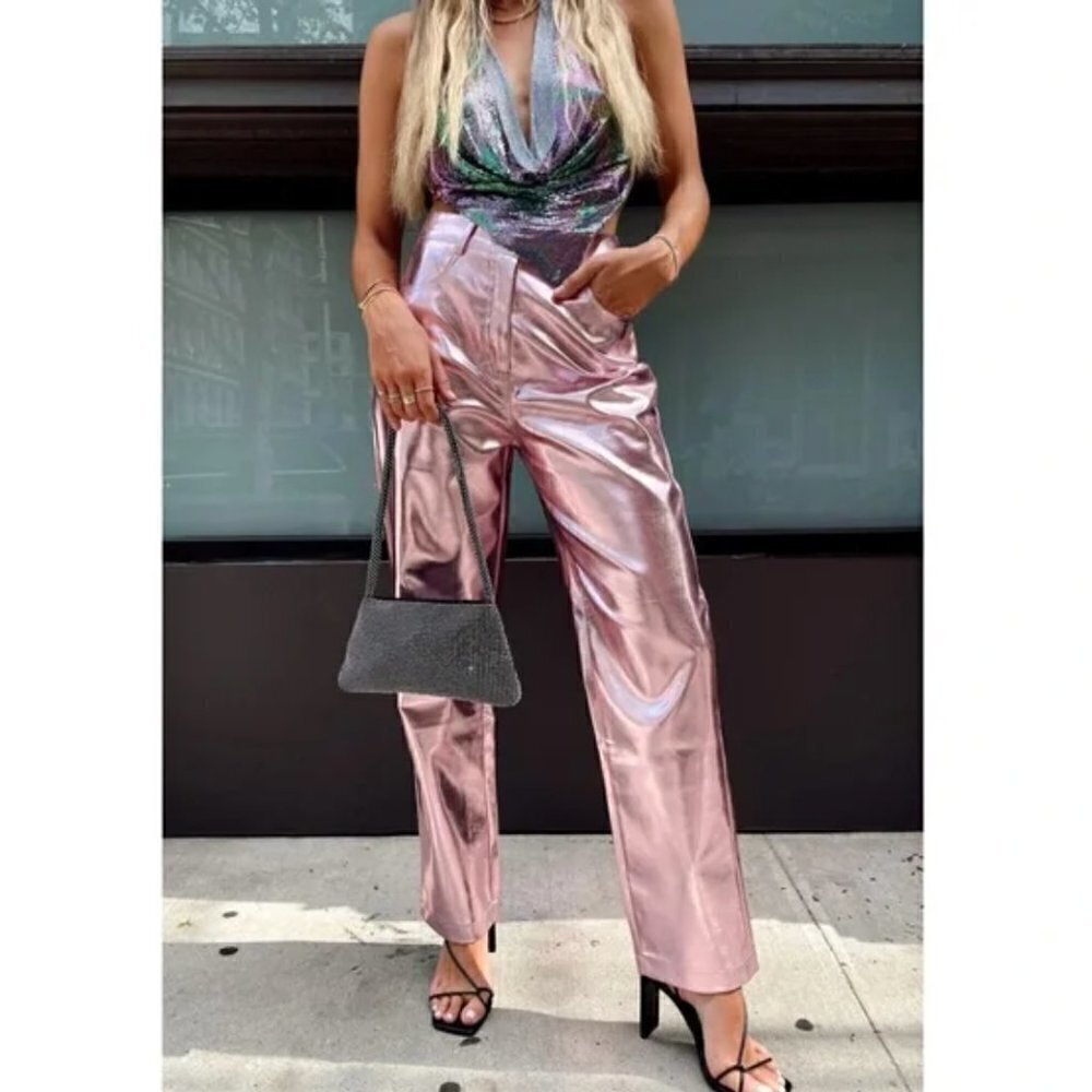 12th Tribe Metallic Pink High-Rise Straight Pants